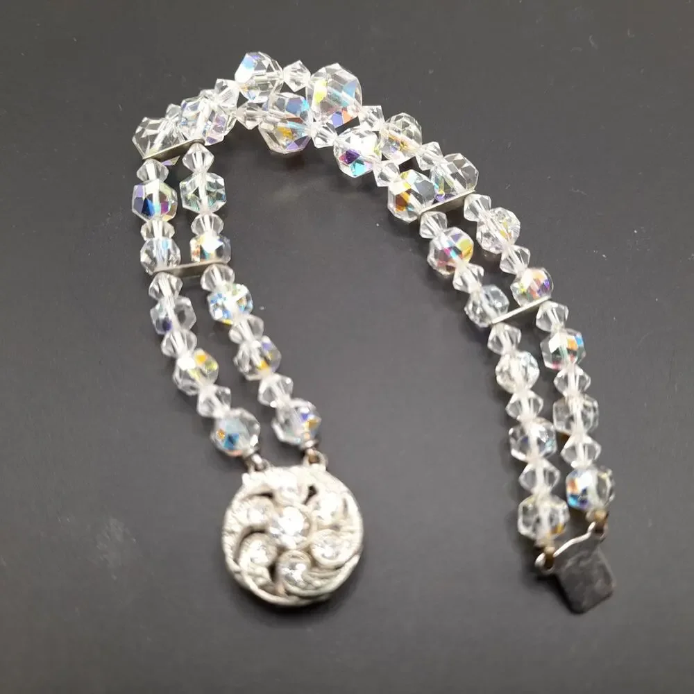 Vintage 1950s Wedding Bracelet, Aurora Borealis Crystal Beads, Rhinestone Clasp